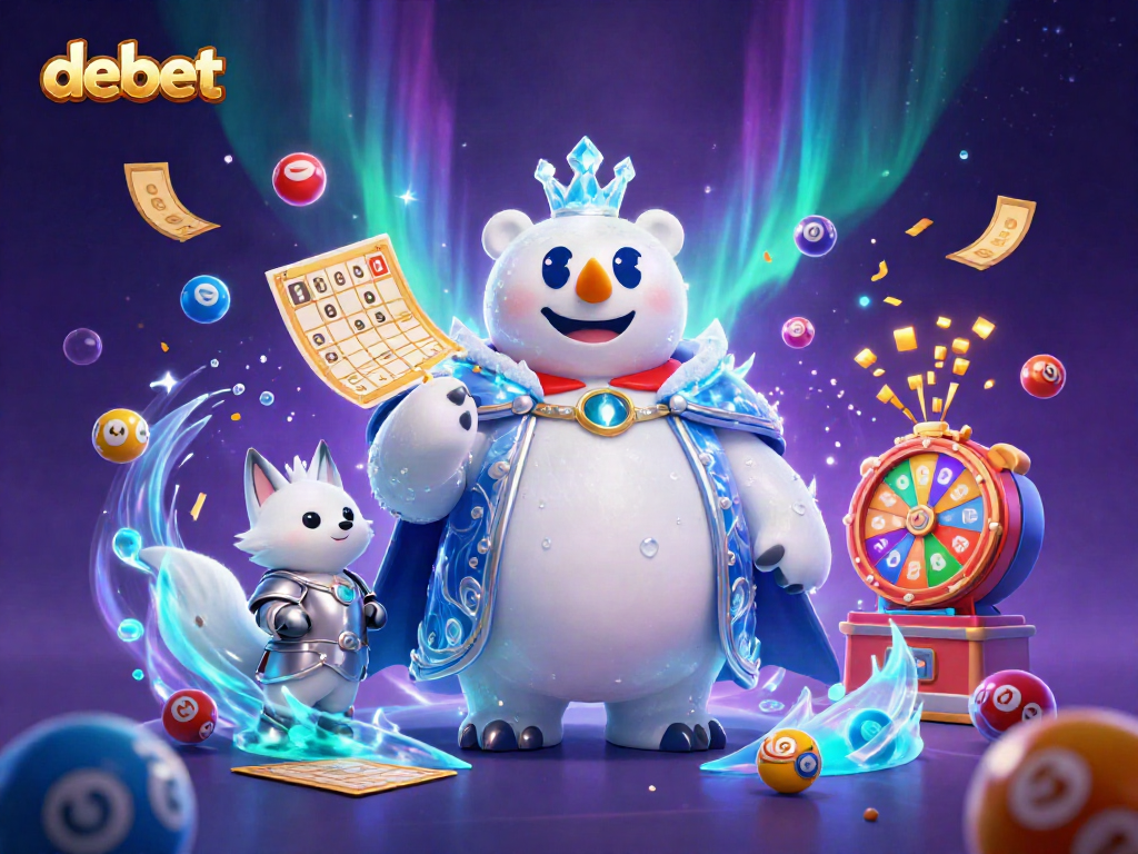 Experience the thrill of debet casino gaming with a festive illustration of a whimsical polar bear and fox amid colorful lottery elements.