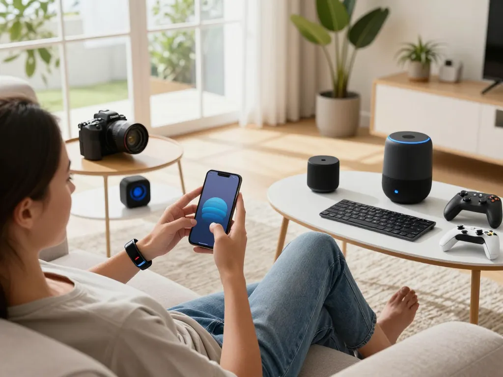 Showcasing trending tech gadgets in a stylish living room, with a smartphone controlling devices.