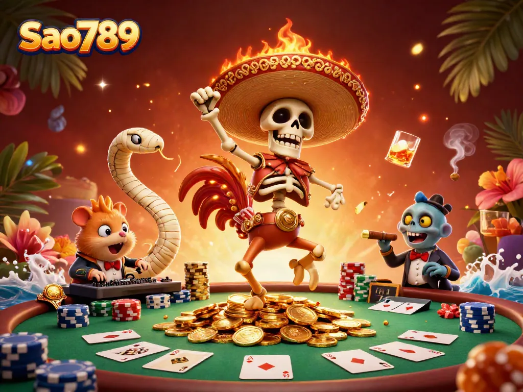 Sao789 offers a vibrant 3D scene filled with colorful casino elements showcasing a mariachi rooster celebrating amidst poker chips and gaming tables.