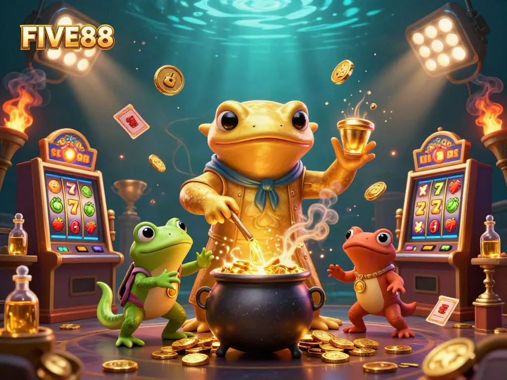 FIVE88 gambling scene with a golden salamander alchemist transforming metals into coins in a rich casino environment.