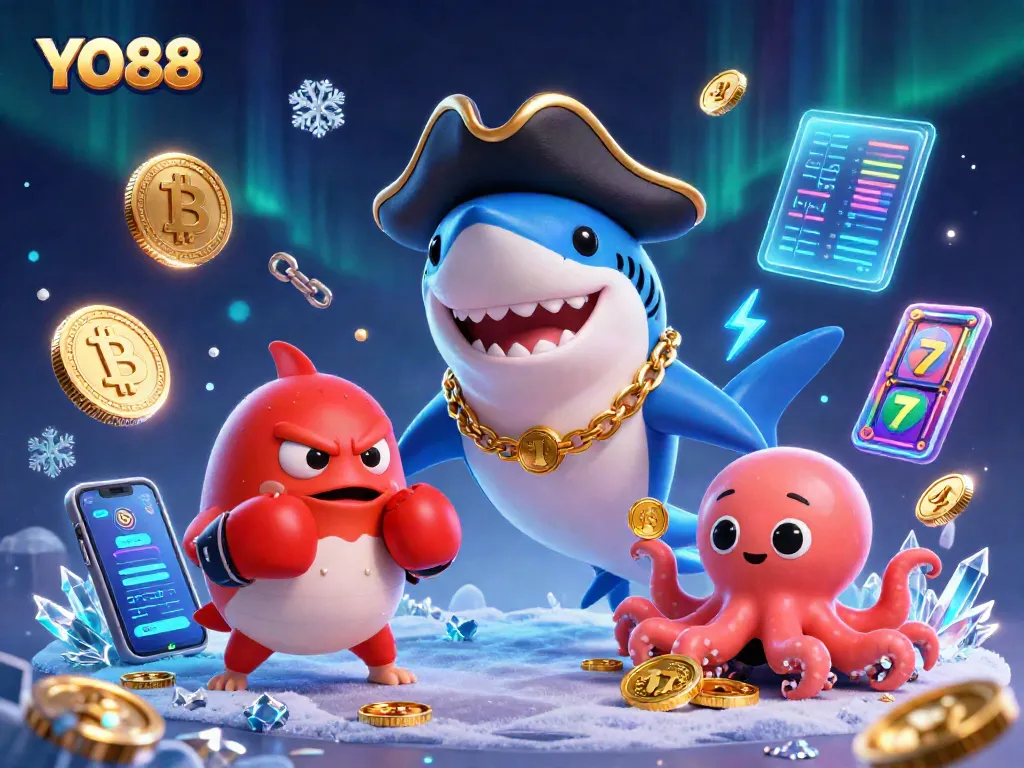 Engage in thrilling gameplay with YO88 as a cartoon pirate shark and friends explore vibrant slot machines.