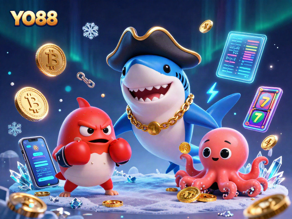 Engage in thrilling gameplay with YO88 as a cartoon pirate shark and friends explore vibrant slot machines.