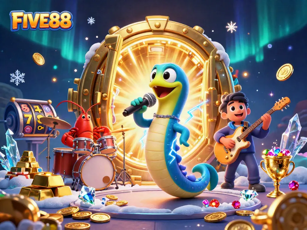 Elevate your gaming experience with FIVE88 in a vibrant underwater casino scene featuring lively characters.