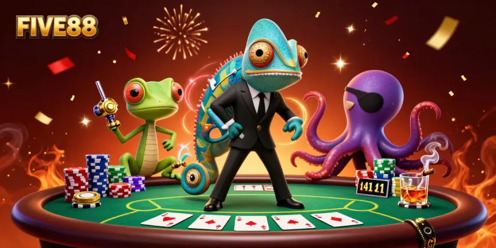 FIVE88 casino scene featuring a Bond-style chameleon and tech-gecko with poker elements