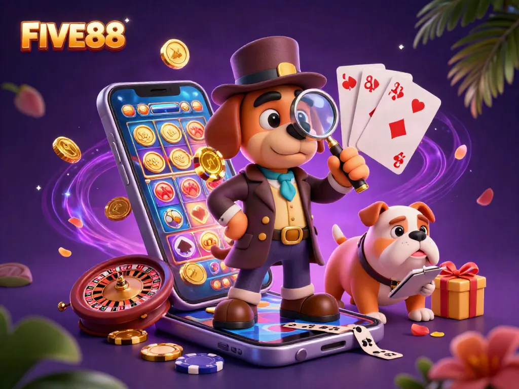 Engage with FIVE88's exciting 3D casino scene filled with vibrant slots and poker elements.