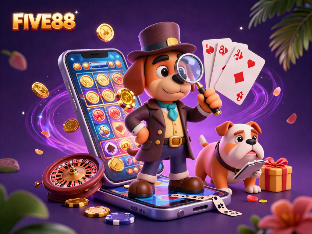 Engage with FIVE88's exciting 3D casino scene filled with vibrant slots and poker elements.
