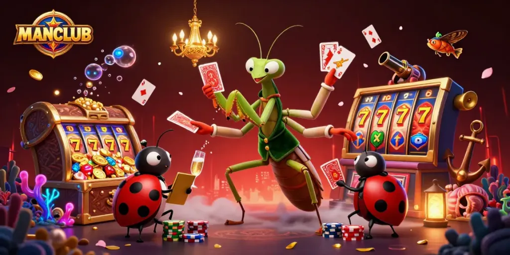 Experience exciting games at MANCLUB with giant mantis dealer, vibrant slot reels, and immersive casino atmosphere.