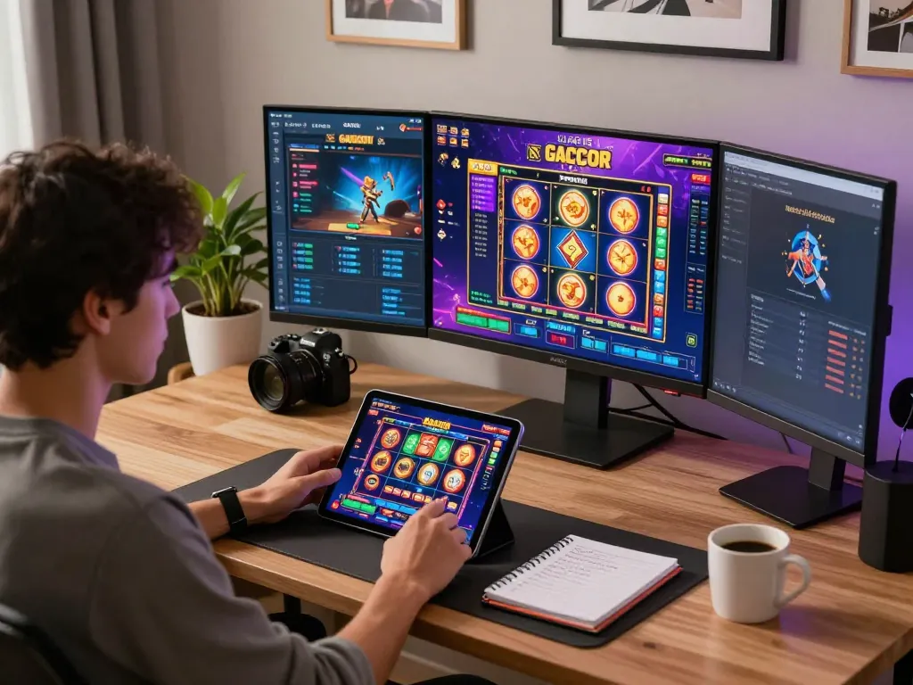 Engaging player focused on slot gacor games on tablet at modern home office, illustrating strategic online gaming.