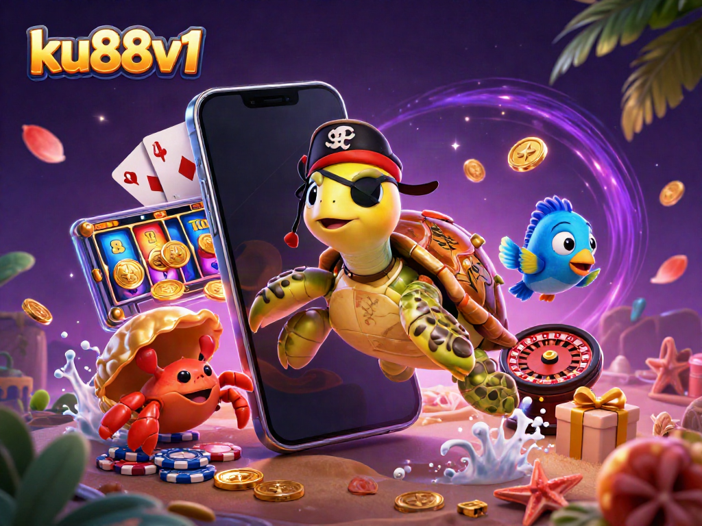 ku88v1 casino illustration featuring a pirate turtle and treasure with colorful games around it