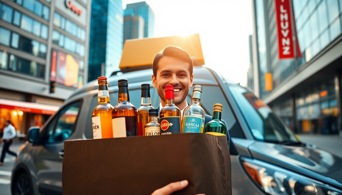 Liquor delivery Toronto service showcasing vibrant bottles and a friendly delivery person.