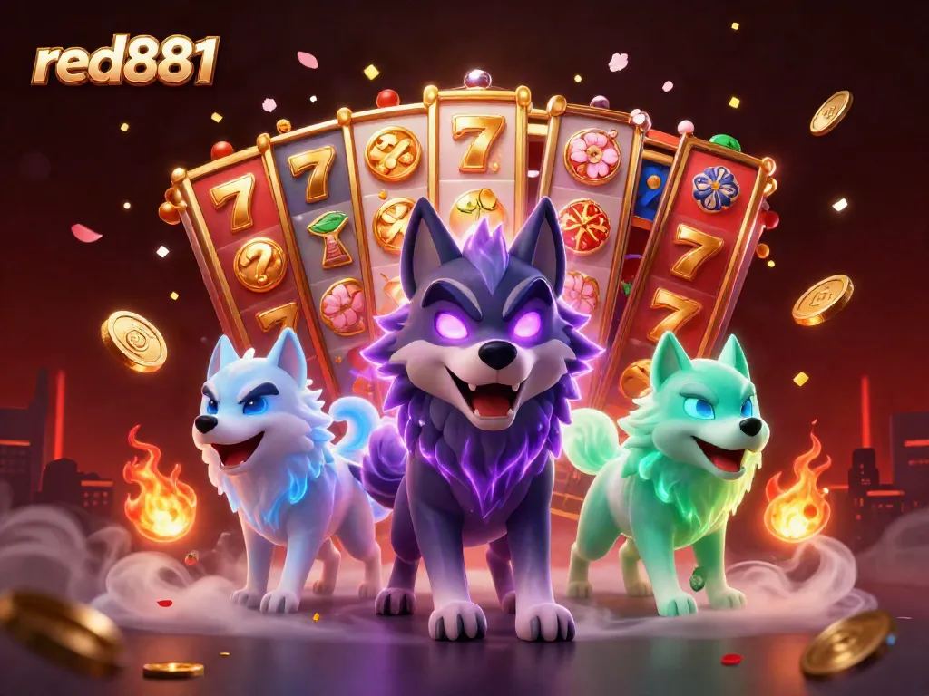 Experience thrilling gaming with red881's vibrant 3D casino scene featuring energetic wolf characters and slot elements.