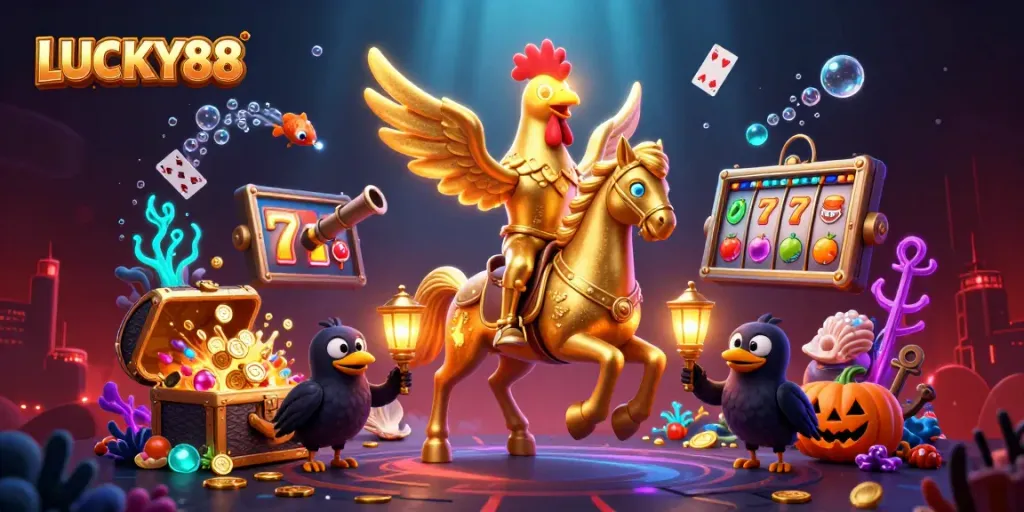 Experience the thrill of LUCKY88 with a vibrant casino scene featuring a golden rooster and spectral horse.