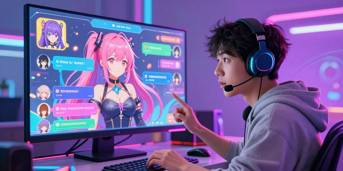 Engaging hentai ai chat session with a user interacting with vibrant anime characters in a futuristic digital environment.