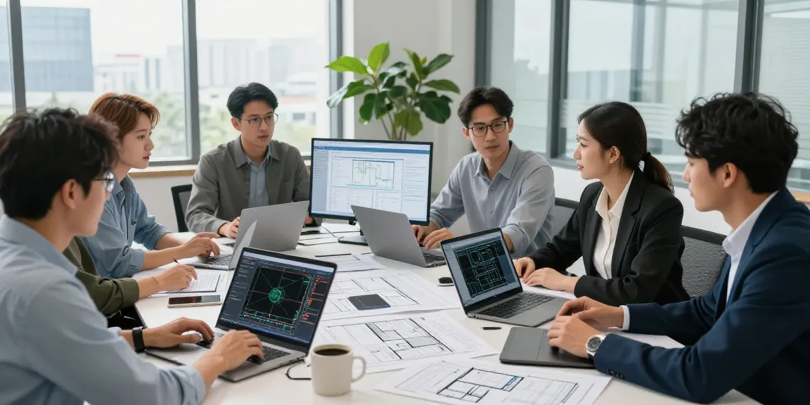 Engineers discussing CRN Registration Canada in a modern office, highlighted by technical plans and collaborative tools.