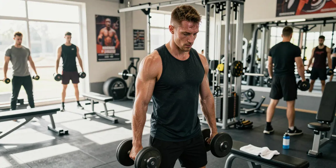 Sportlicher männlicher Bodybuilder hebt Gewichte in einem modernen Fitnessstudio, zeigt Engagement und Intensität, reflektiert die Fitnessreise des Anabolika Shop Deutschland.
