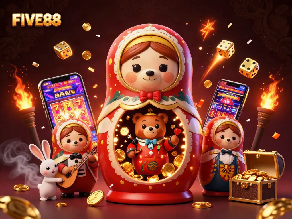 Experience the excitement of FIVE88 with vibrant casino illustrations and dynamic gaming elements.