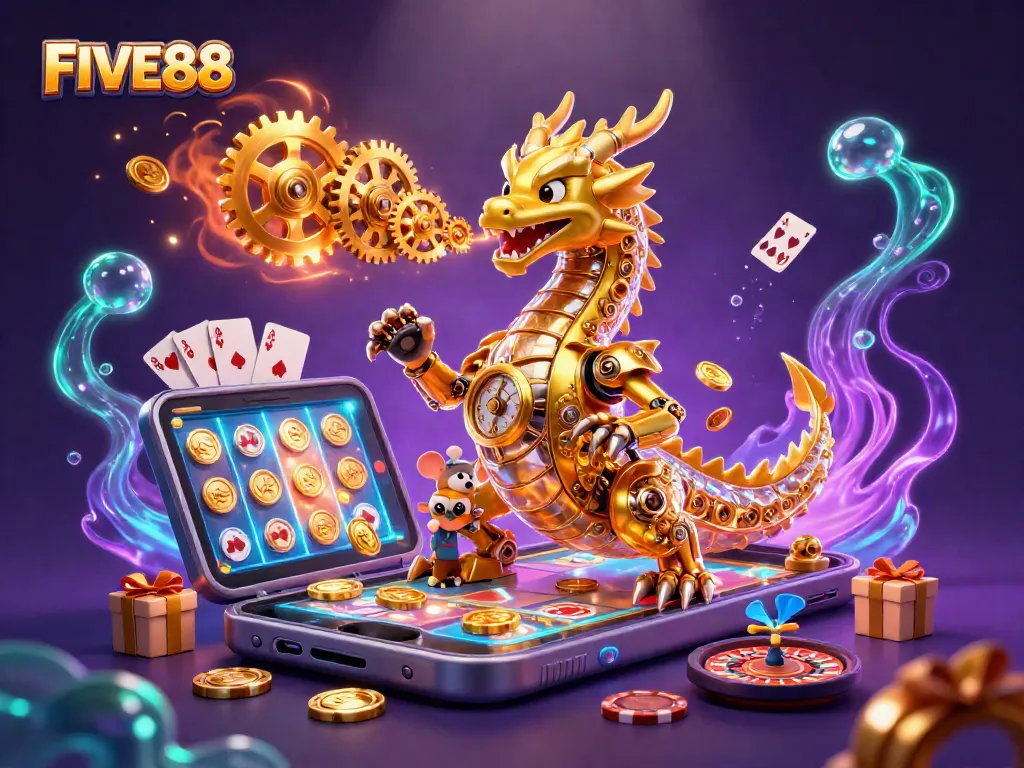 Experience the thrill of FIVE88 with a golden dragon and dynamic casino elements in a vibrant 3D scene.