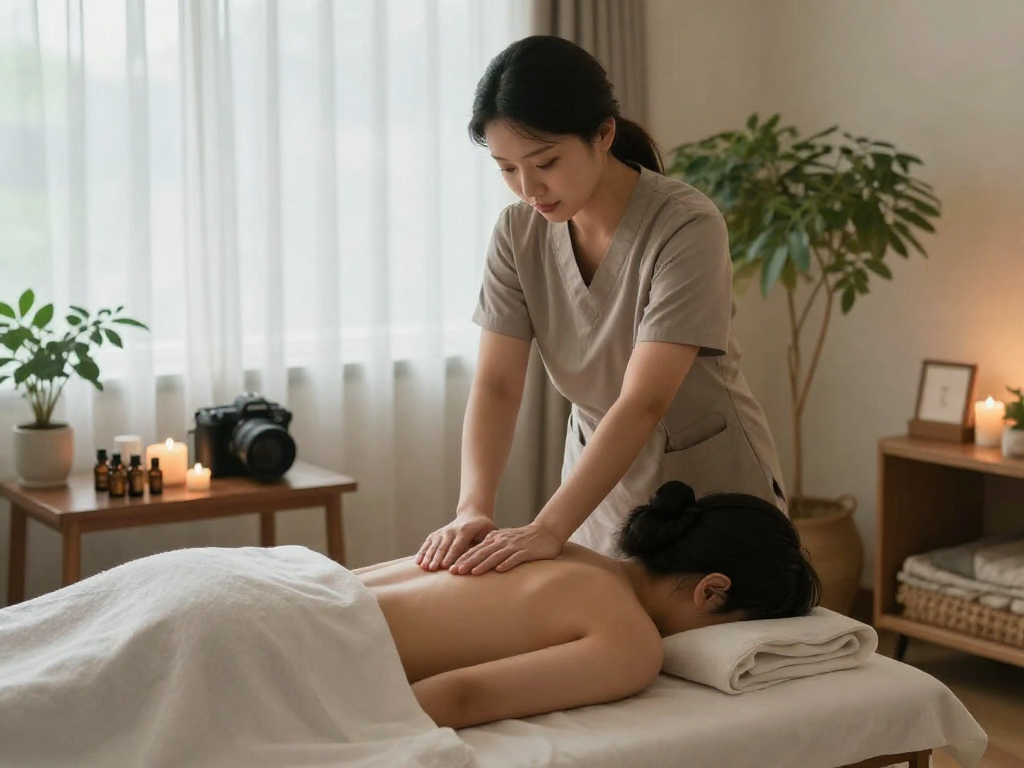 Client enjoying 하남출장마사지 in a peaceful home setting with soothing decor and warm atmosphere.