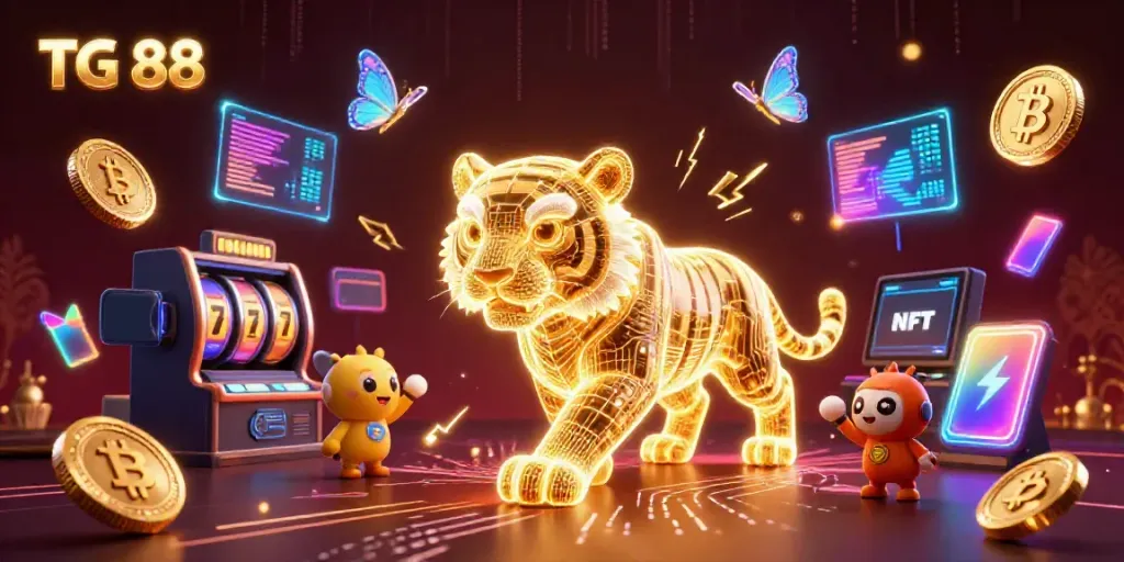 Engage in the thrilling TG 88 casino experience with vibrant digital elements and a golden tiger symbolizing luck.
