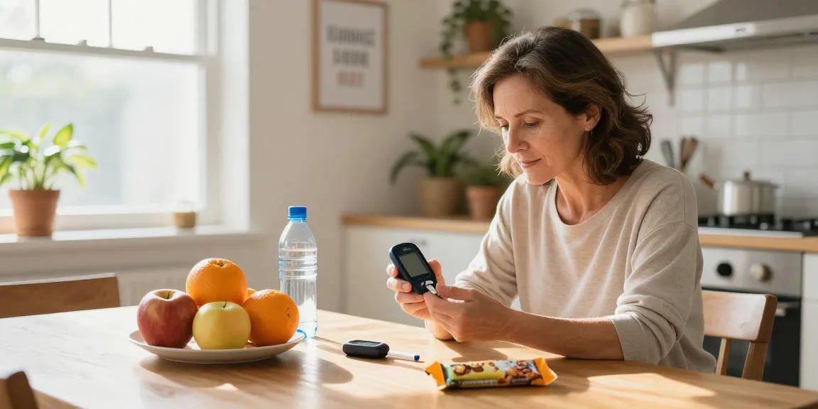 Woman using a blood glucose meter at a bright kitchen table with healthy snacks nearby.