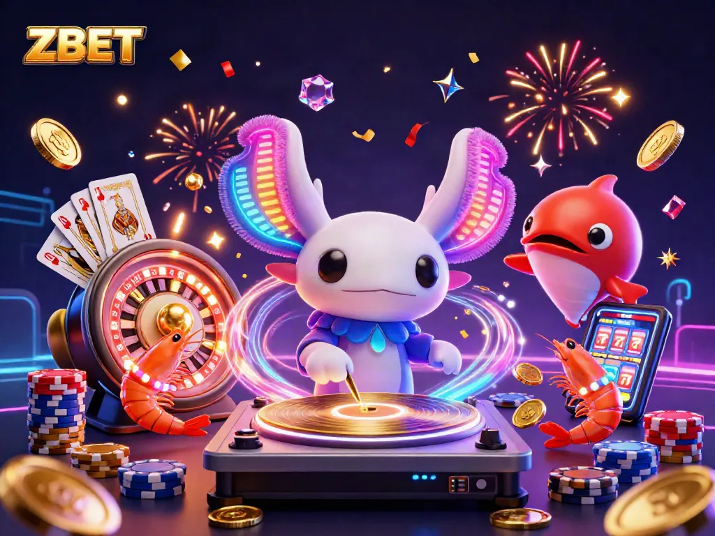 ZBET's vibrant casino energy depicted with a neon axolotl DJ and dynamic game elements celebrating wins.