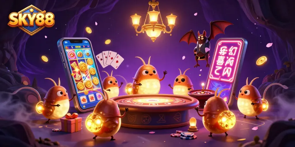Experience the thrill of SKY88 in a vibrant casino scene with animated glowworms and dazzling games.