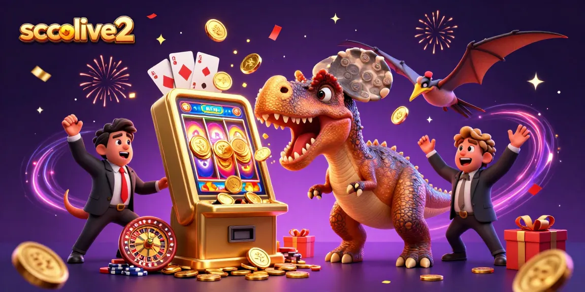 Socolive2 features an exciting scene with a dinosaur winning coins at a slot machine, illustrating a lively casino atmosphere.