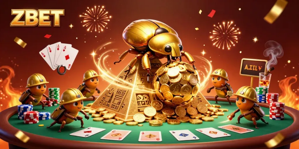 ZBET showcases a golden dung beetle rolling coins, surrounded by vibrant casino elements.