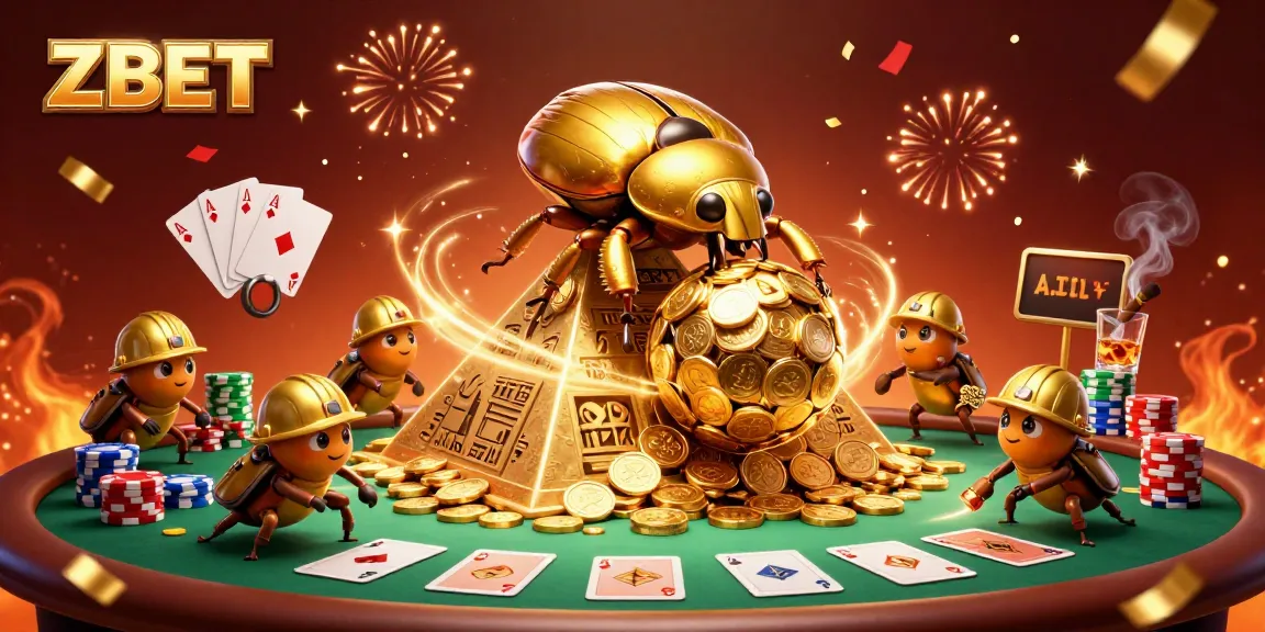 ZBET showcases a golden dung beetle rolling coins, surrounded by vibrant casino elements.