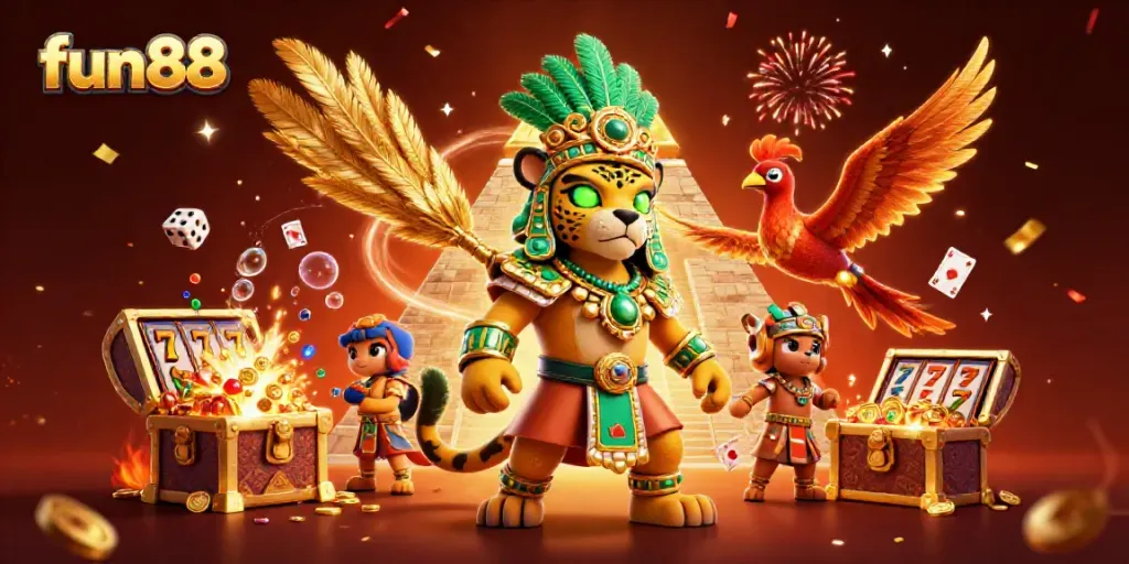 Experience fun88 gaming excitement with a vibrant Mayan-themed casino illustration featuring golden jackpots.