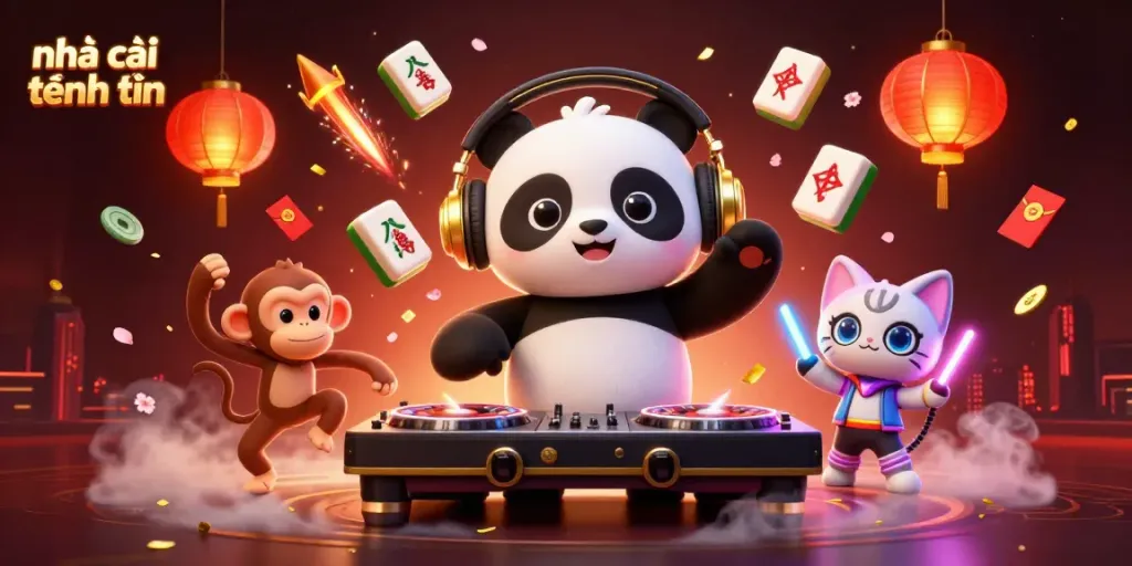 Engage in the vibrant energy of nhà cái tặng tiền with animated characters in a lively casino scene.