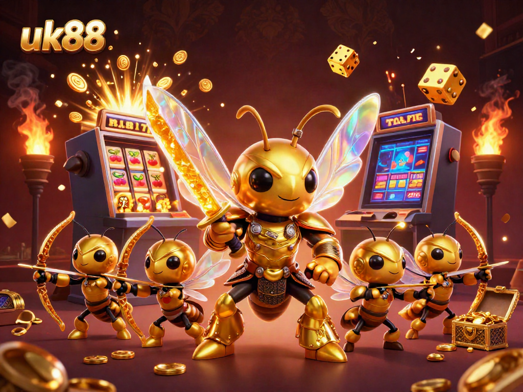 Experience the excitement of uk88 with a vibrant casino scene featuring a golden hornet samurai and slot game elements.