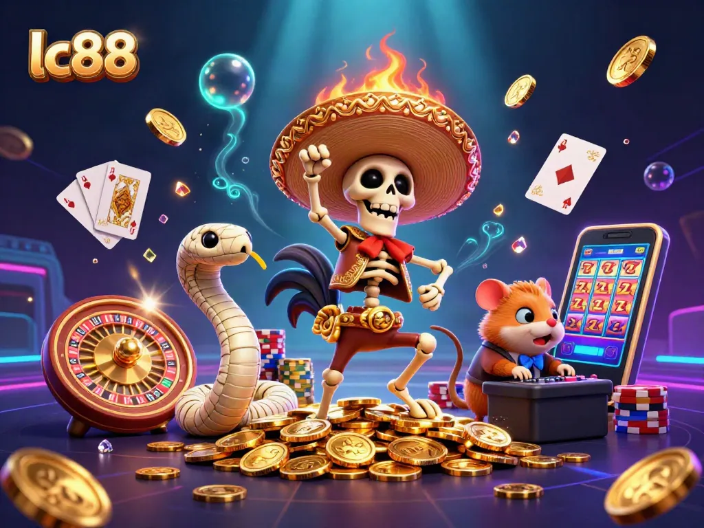 Win big with lc88 in an exciting 3D casino illustration showcasing vibrant gaming elements.