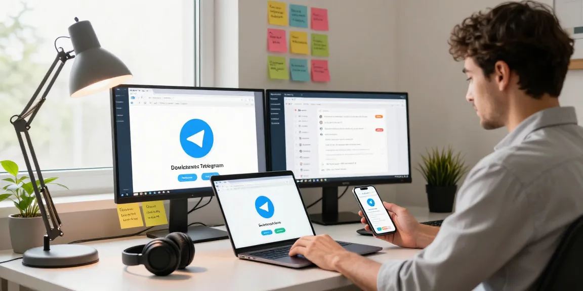 Efficient workspace with Telegram Download shown on laptop and smartphone in a modern home office.