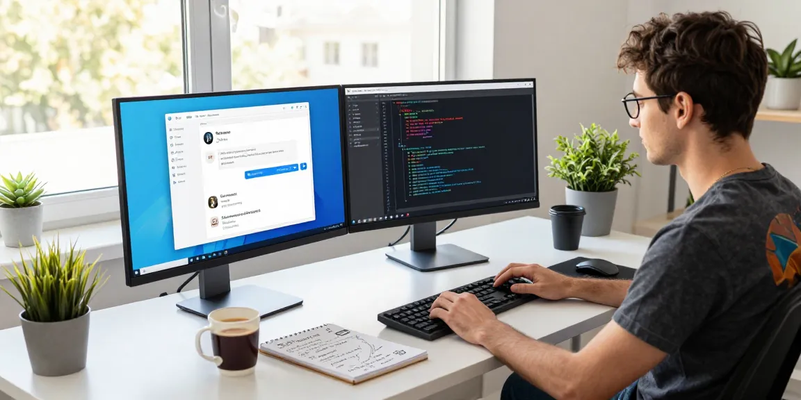 Engaging workspace featuring a developer using Telegram Download on dual monitors, showcasing modern software development.