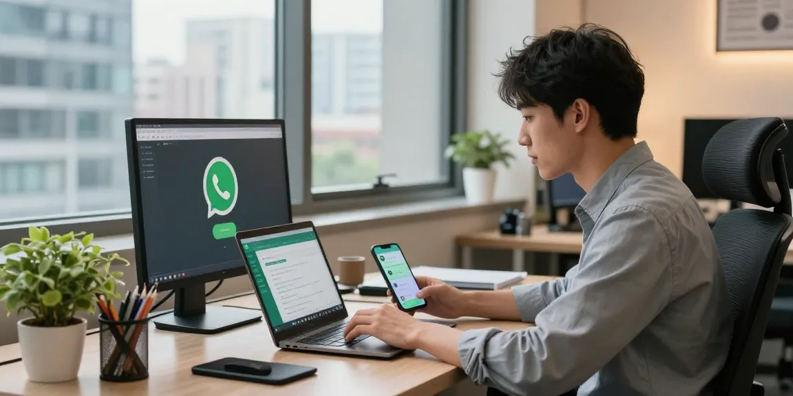 Professional using WhatsApp網頁版 on a laptop in a modern workspace with city views.