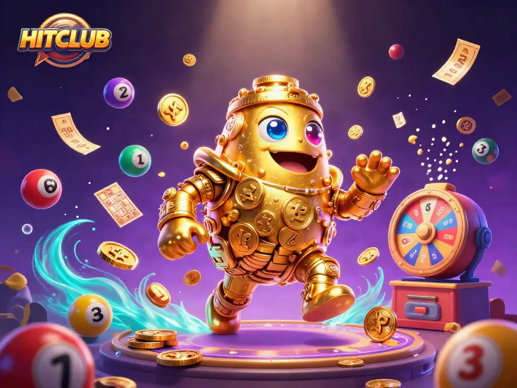 Engage with HITCLUB gameplay in a vibrant, dynamic 3D casino landscape full of lottery elements.
