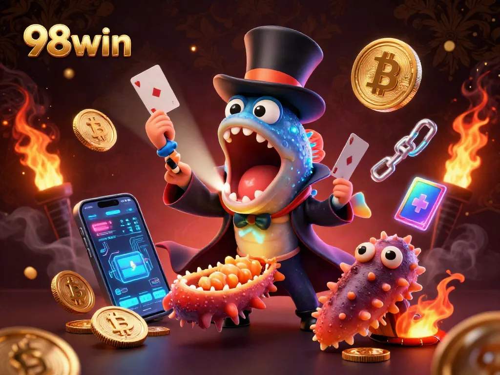 Join the excitement of 98win with a dazzling illustration featuring fantastical sea creatures enjoying casino magic.
