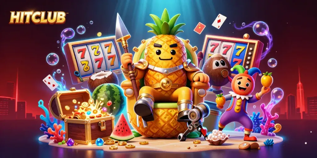 Engage in high-stakes gameplay at HITCLUB, featuring vibrant casino characters and dynamic slot elements.