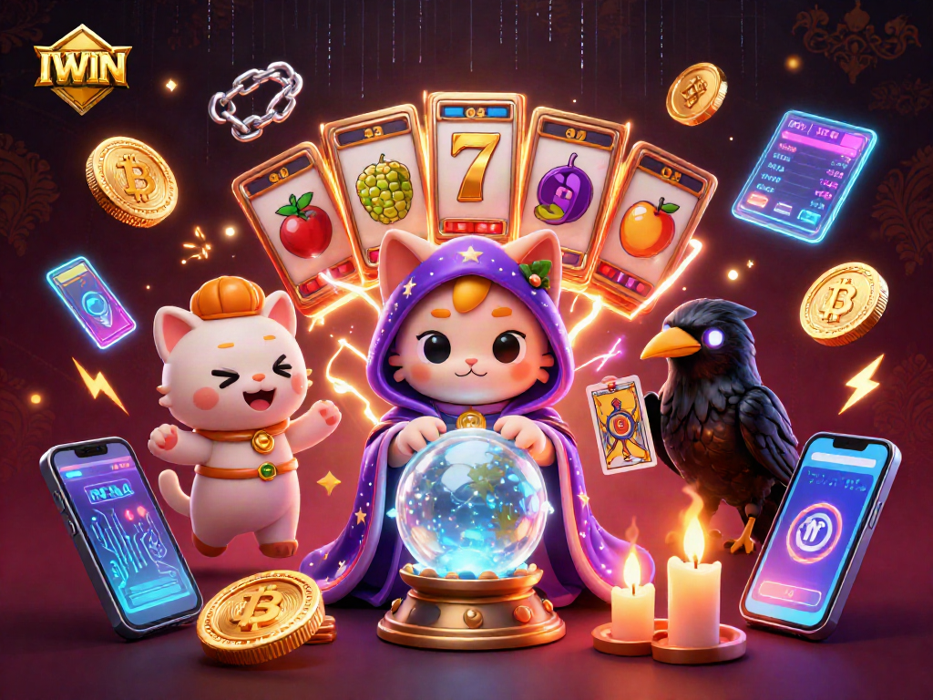 Engage with IWIN in an exhilarating casino adventure featuring mystical elements and vibrant game symbols.