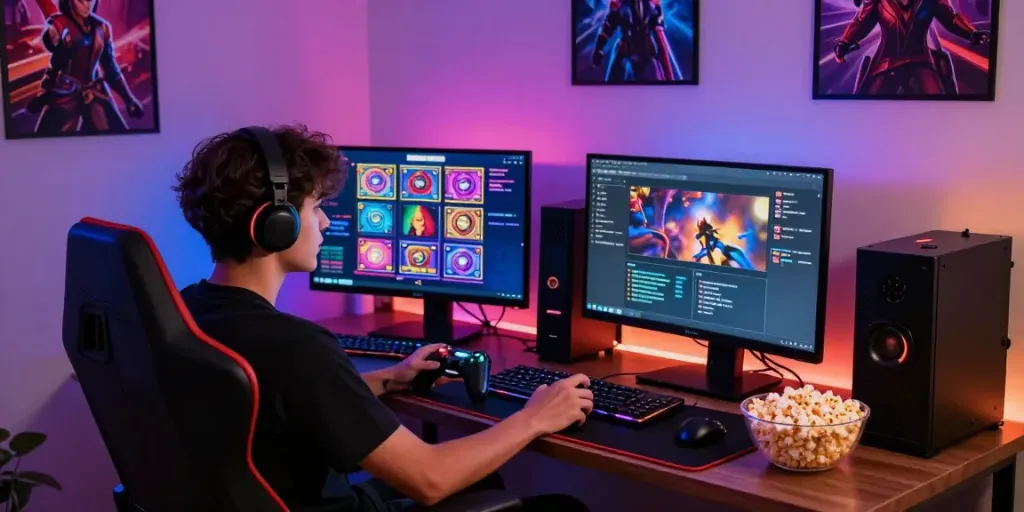 Penggemar gaming sambil menikmati situs slot gacor di ruang nyaman dengan suasana ceria.