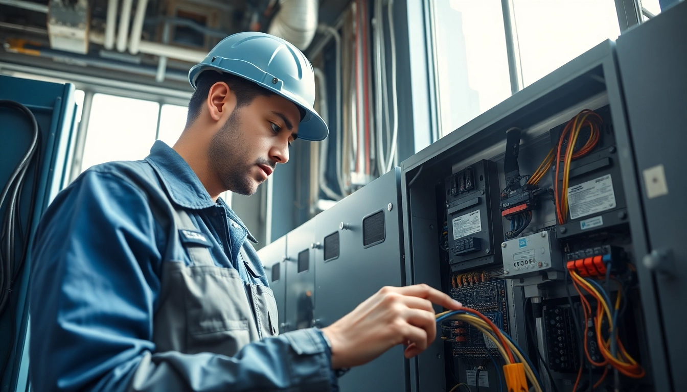 Skilled commercial electrician Vancouver working on an electrical panel in a professional office setting.