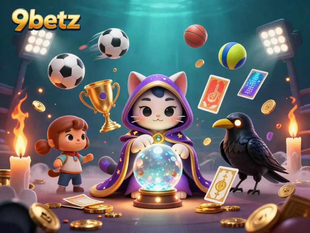 Immerse in 9betz's thrilling experience with a magical scene of a mystic cat and raven, showcasing dynamic sports elements.