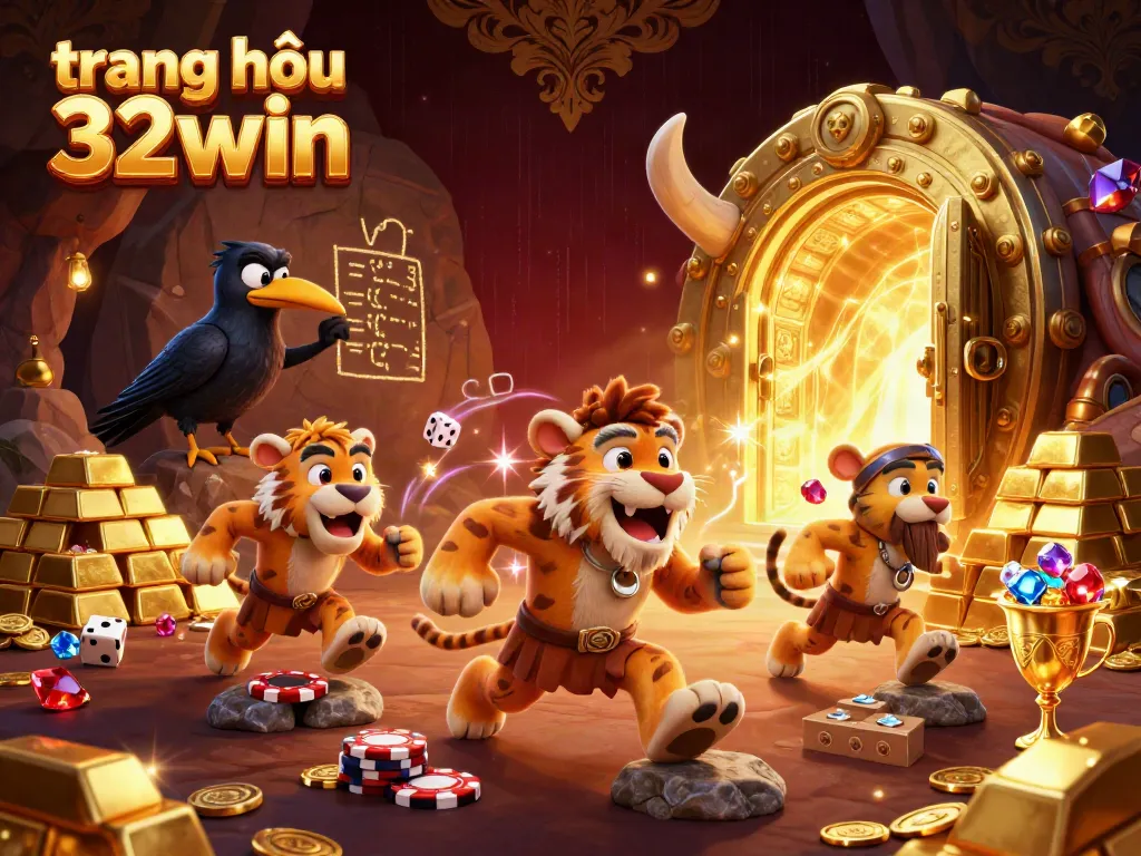 Engage with the vibrant world of trang chủ 32win in this 3D casino illustration featuring unique characters and treasure