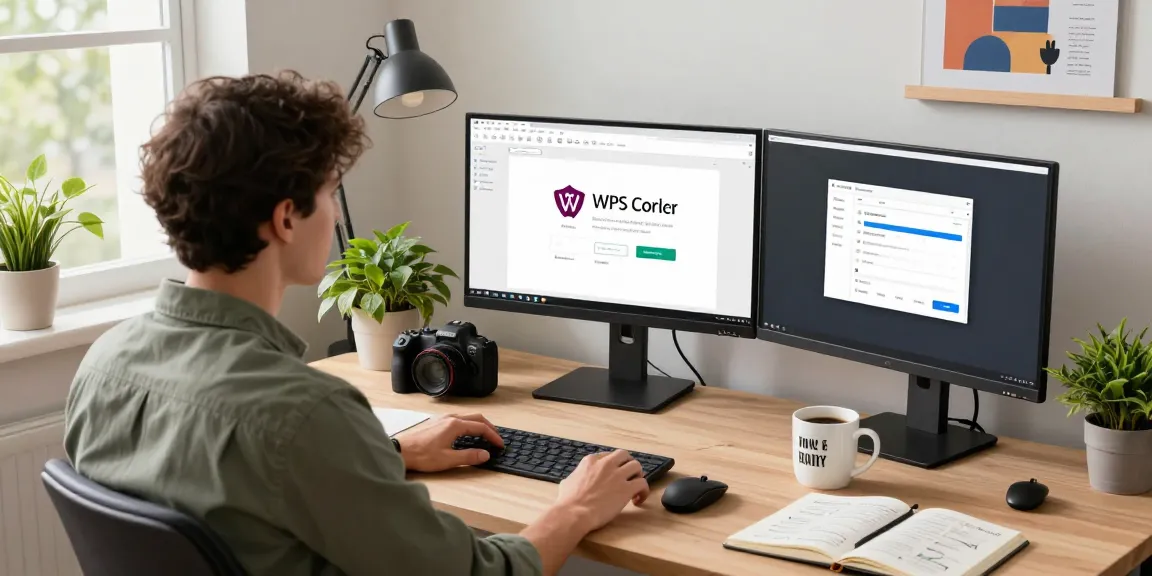 WPS Download guide showcased in a modern home office setting with productivity tools.