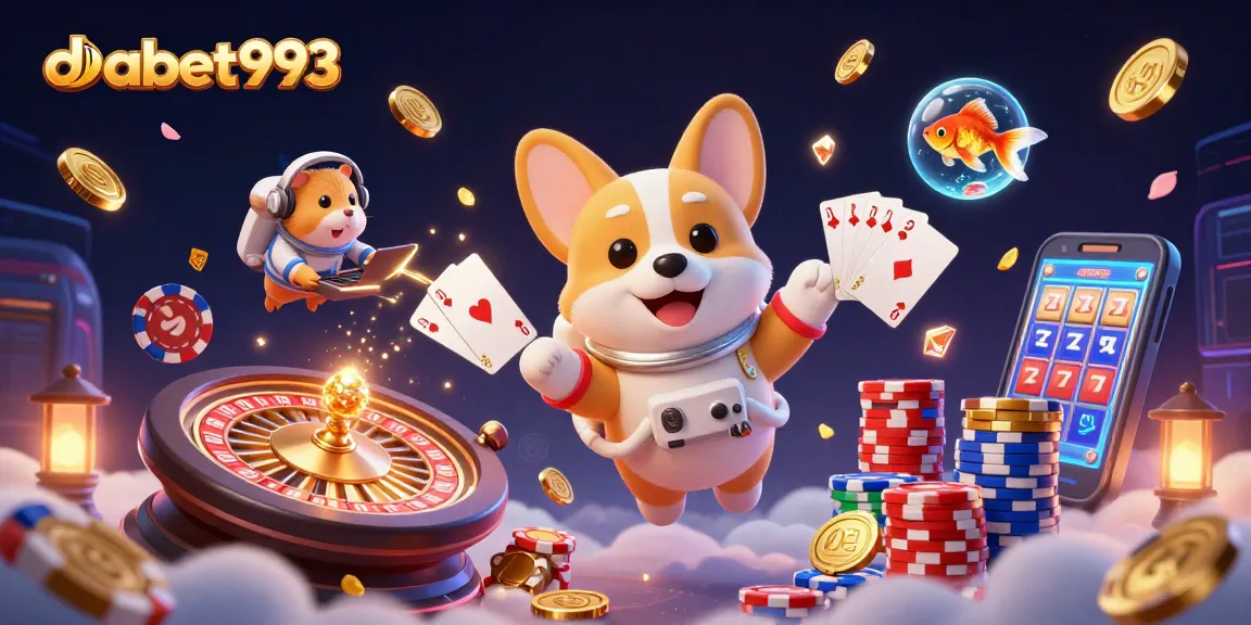 DABET993 brings excitement to online gaming with a vibrant space station casino scene full of floating poker chips and animated characters.