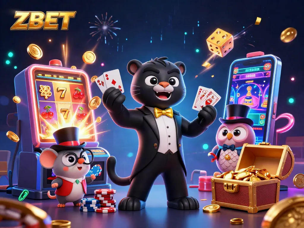 ZBET features a stylish tuxedo-clad panther dealing cards amid a colorful casino scene.