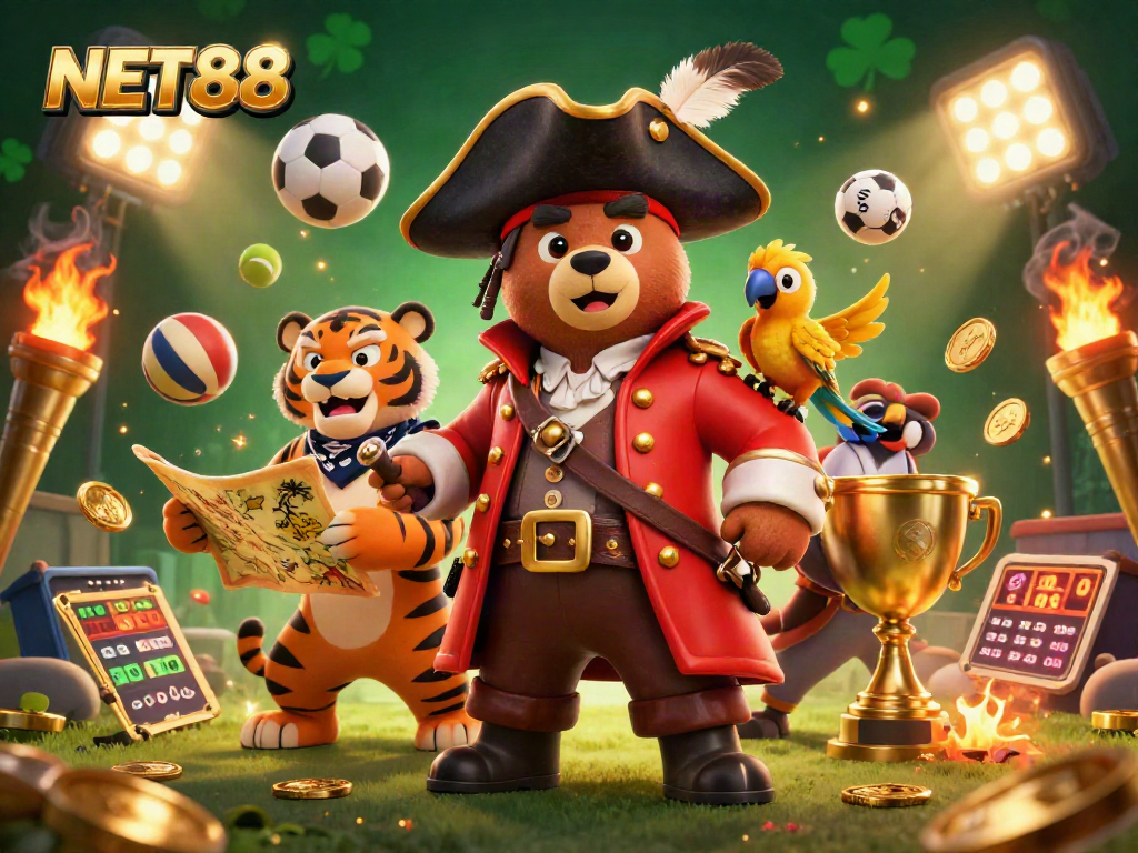 Engage with NET88's thrilling sports betting experience in this vibrant 3D illustration of a pirate theme.