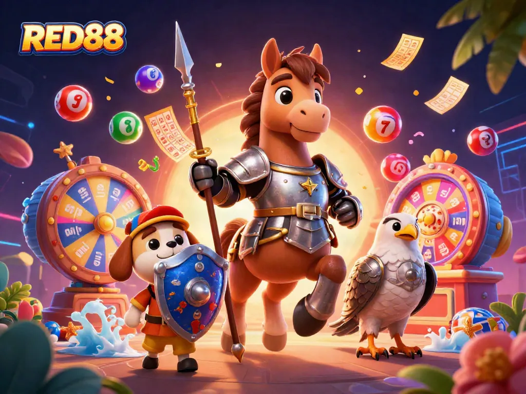 Join the excitement at RED88, where giant lottery balls, bingo cards, and treasures abound!