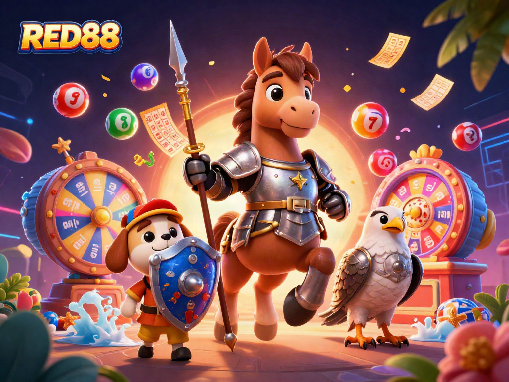 Join the excitement at RED88, where giant lottery balls, bingo cards, and treasures abound!